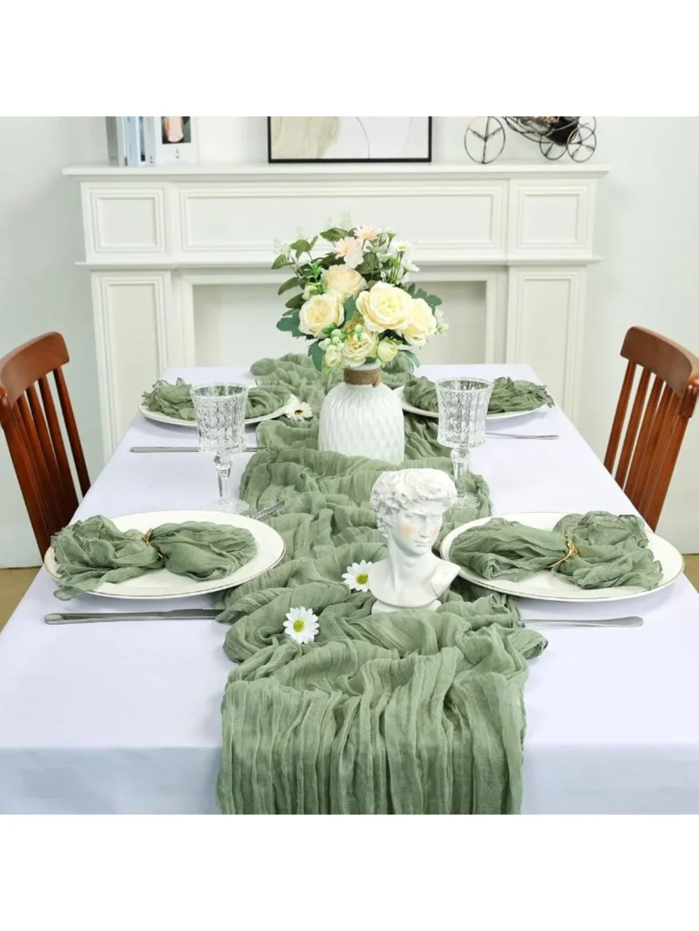 12 Pack Sage Green Gauze Table Runners 10ft Boho Sheer Rustic Decor for Events
